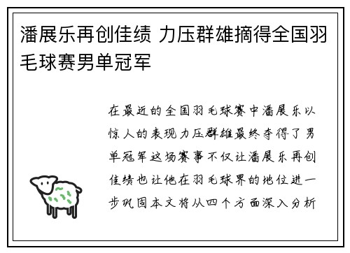 潘展乐再创佳绩 力压群雄摘得全国羽毛球赛男单冠军