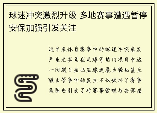 球迷冲突激烈升级 多地赛事遭遇暂停安保加强引发关注